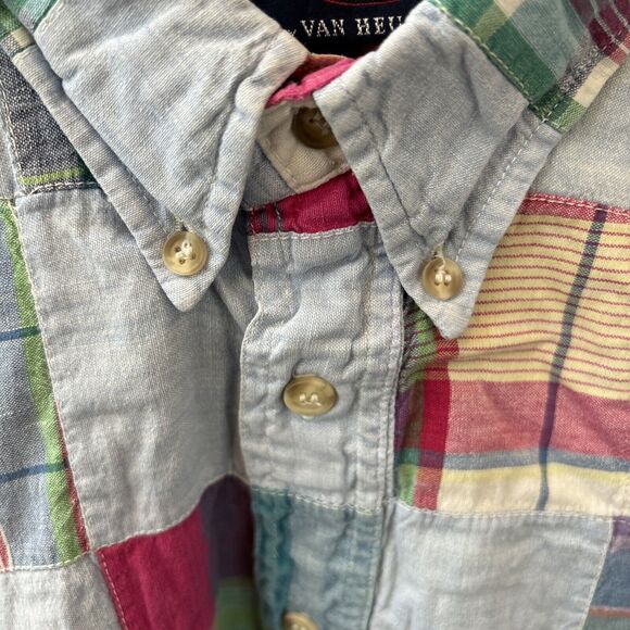 417 Van Heusen Men XL Blue Madras Plaid Patchwork Short Sleeve Shirt Cotton - Picture 4 of 9